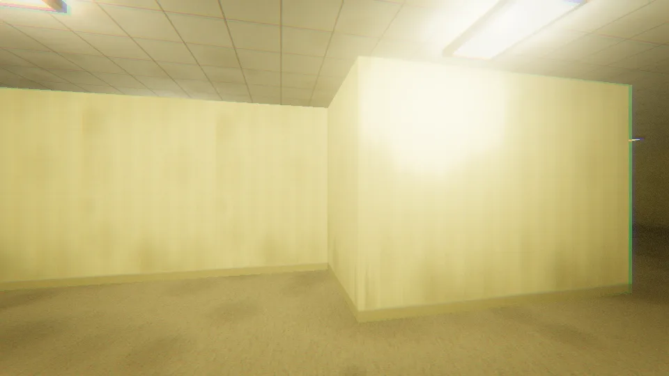 Papier peint jaune et plafonniers fluorescents dans le hall généré du Niveau 0.