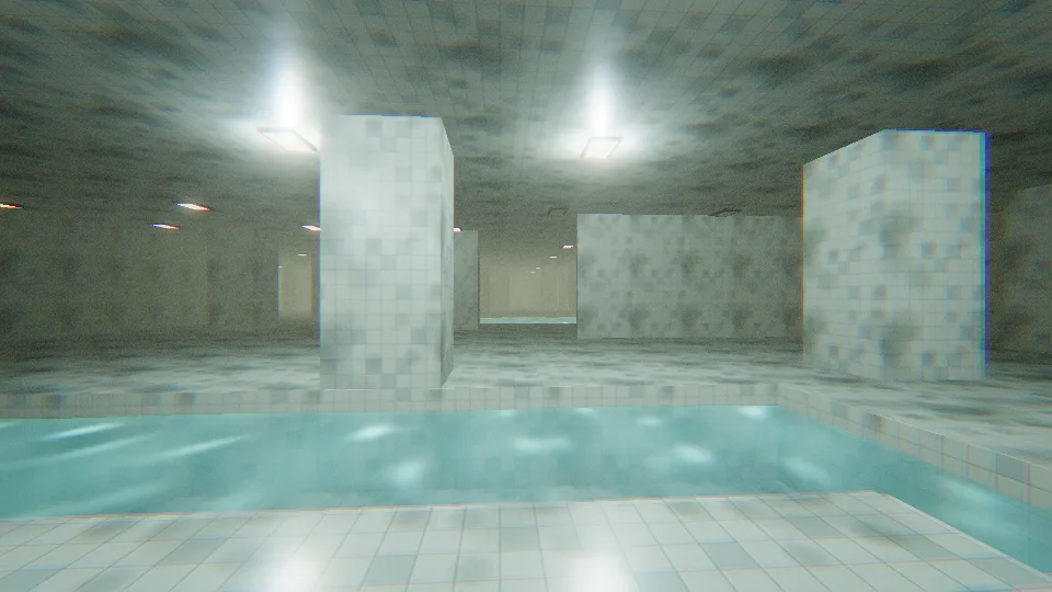 Couloirs carrelés et bassins bleus à l’intérieur du Niveau 37, les Poolrooms.